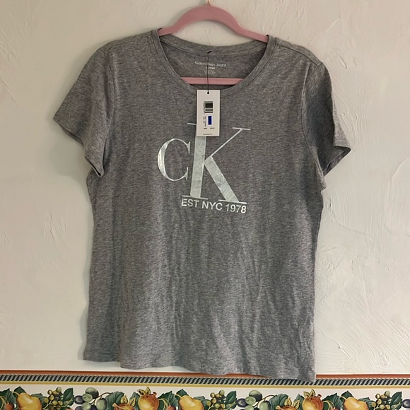 Calvin Klein Jeans Logo Short Sleeve T-Shirt, Size XL, Gray/Silver, NWT - Picture 1 of 9